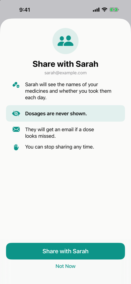 A Dose Pop sharing screen where you choose to let one family member see your schedule.
