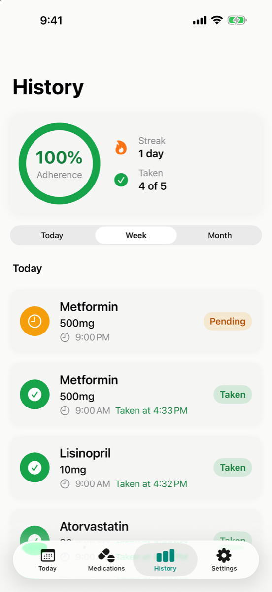 A Dose Pop history screen showing a list of past doses and when each one was taken.