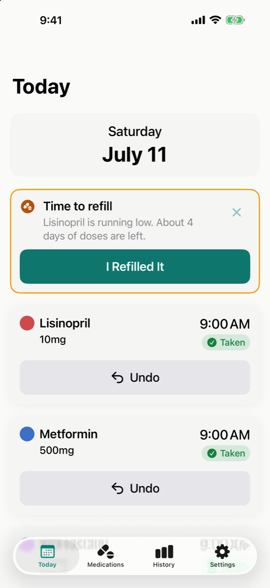 A Dose Pop screen showing how many pills are left and the date a refill will be needed.