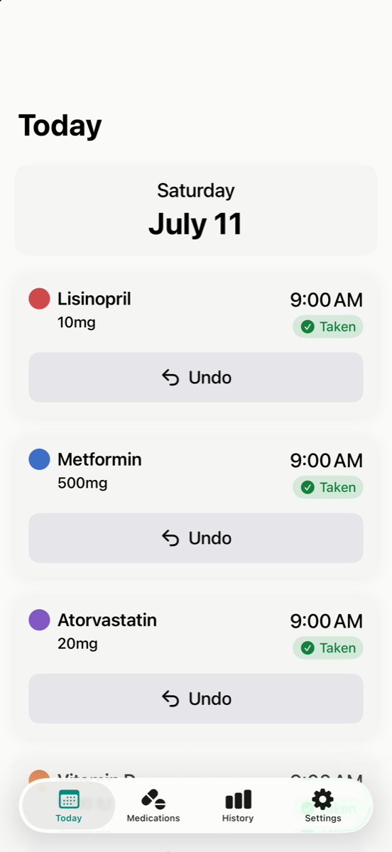 The Dose Pop today screen listing each medicine with its time and a large button to mark it taken.