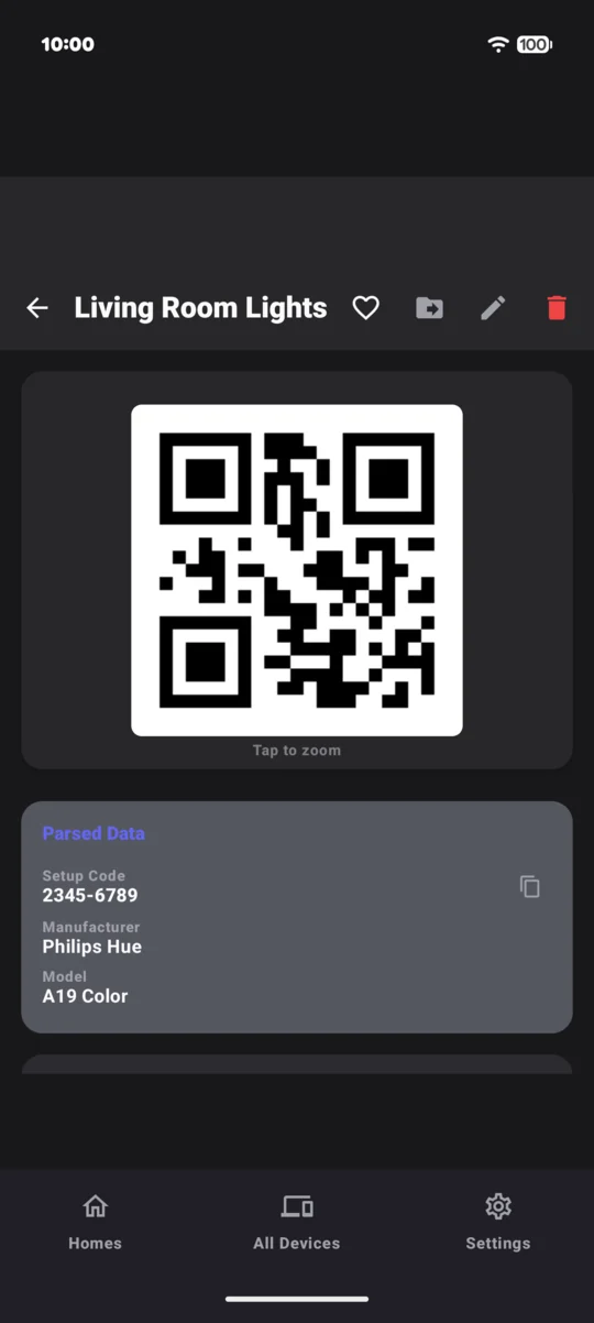 SmartHomeQR on Android showing Living Room Lights: its QR code and the parsed setup code 2345-6789, the maker Philips Hue and the model A19 Color.