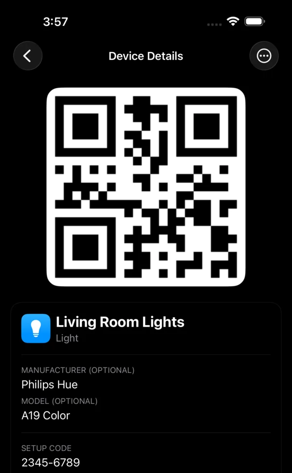 SmartHomeQR on iPhone showing Device Details for Living Room Lights: its QR code, the maker Philips Hue, the model A19 Color and the setup code 2345-6789.